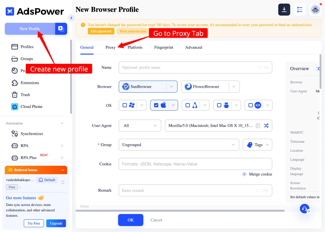 AdsPower new profile button on the main dashboard