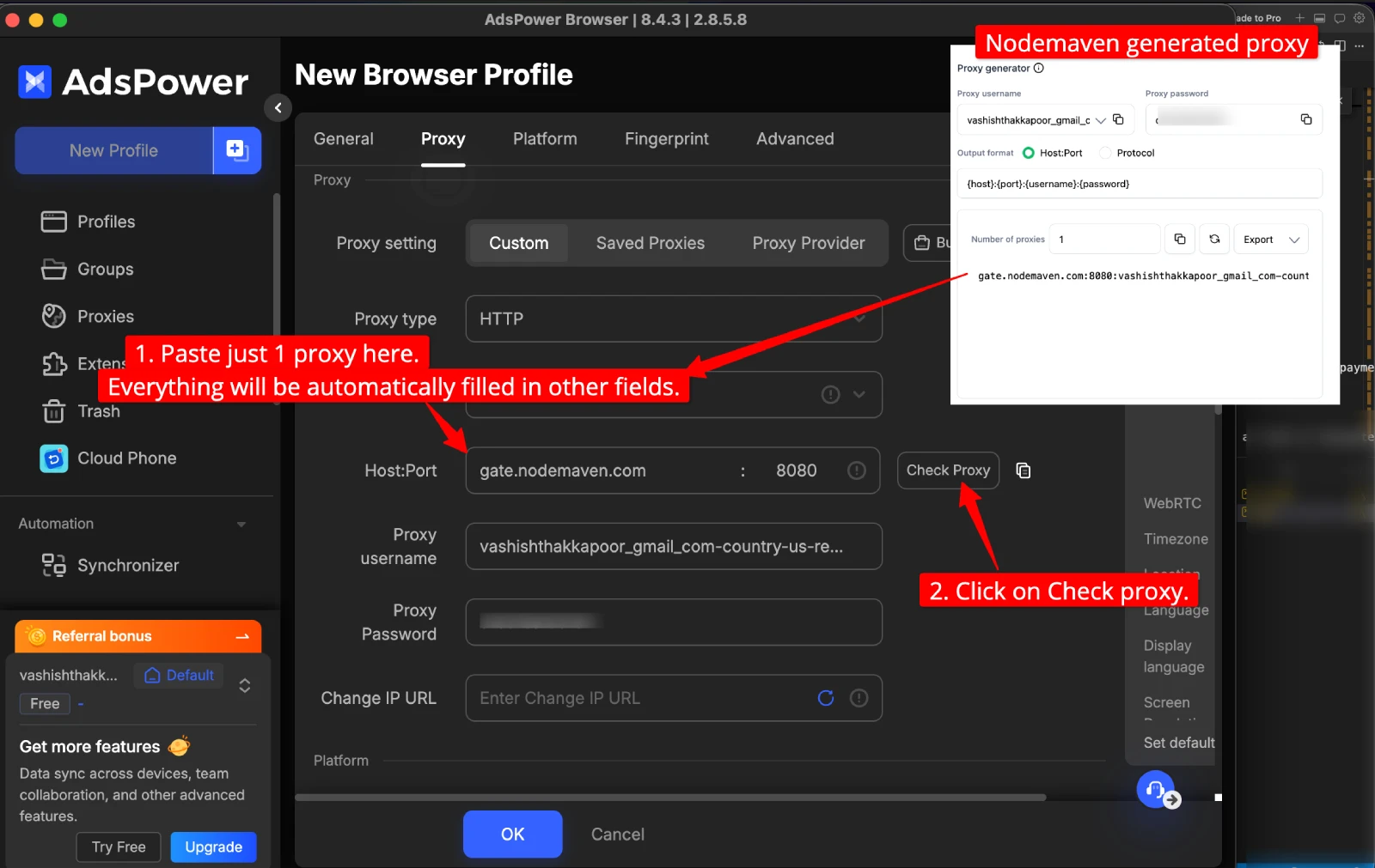 AdsPower proxy credentials entry with NodeMaven values filled in