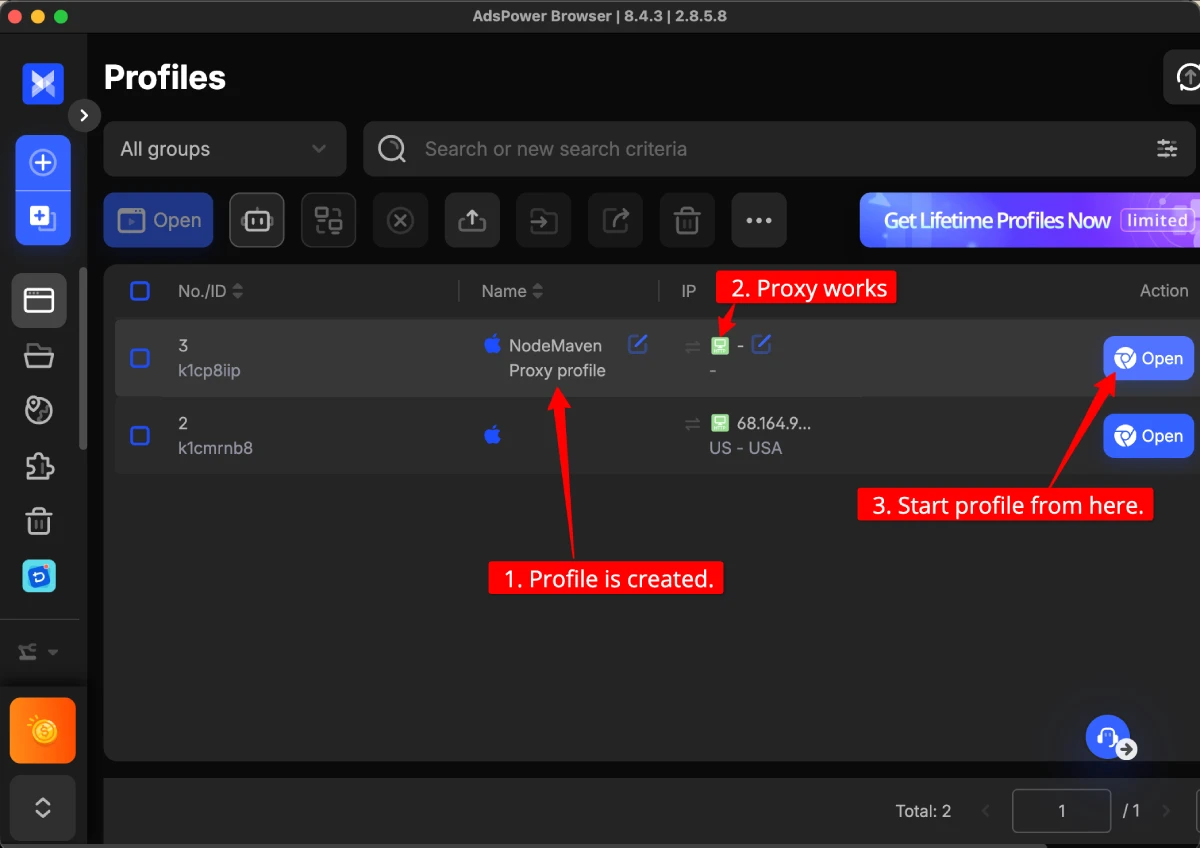 AdsPower profile open and active with NodeMaven proxy running