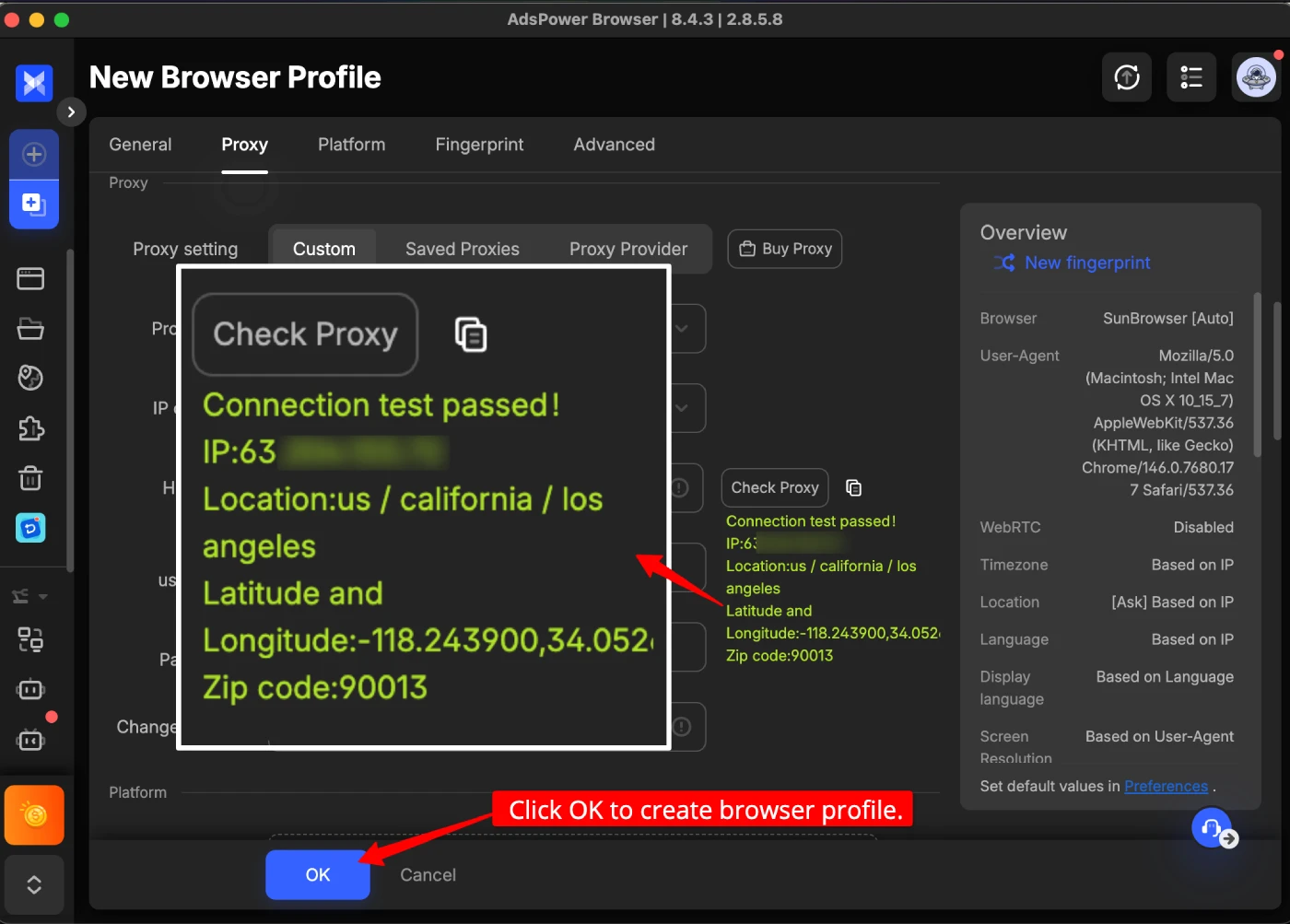AdsPower proxy check result showing NodeMaven verified IP and location