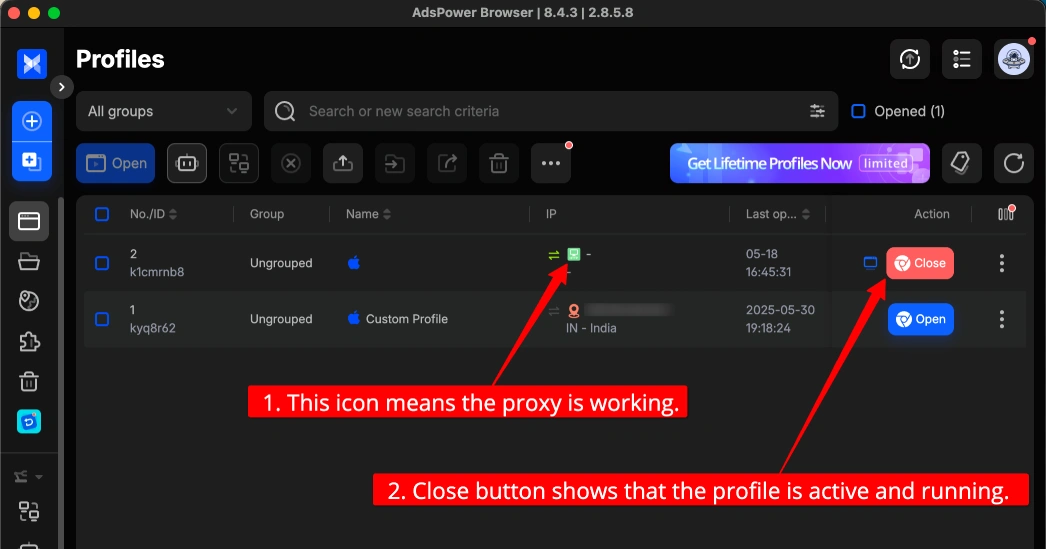 AdsPower profile open with proxy active showing ISP IP