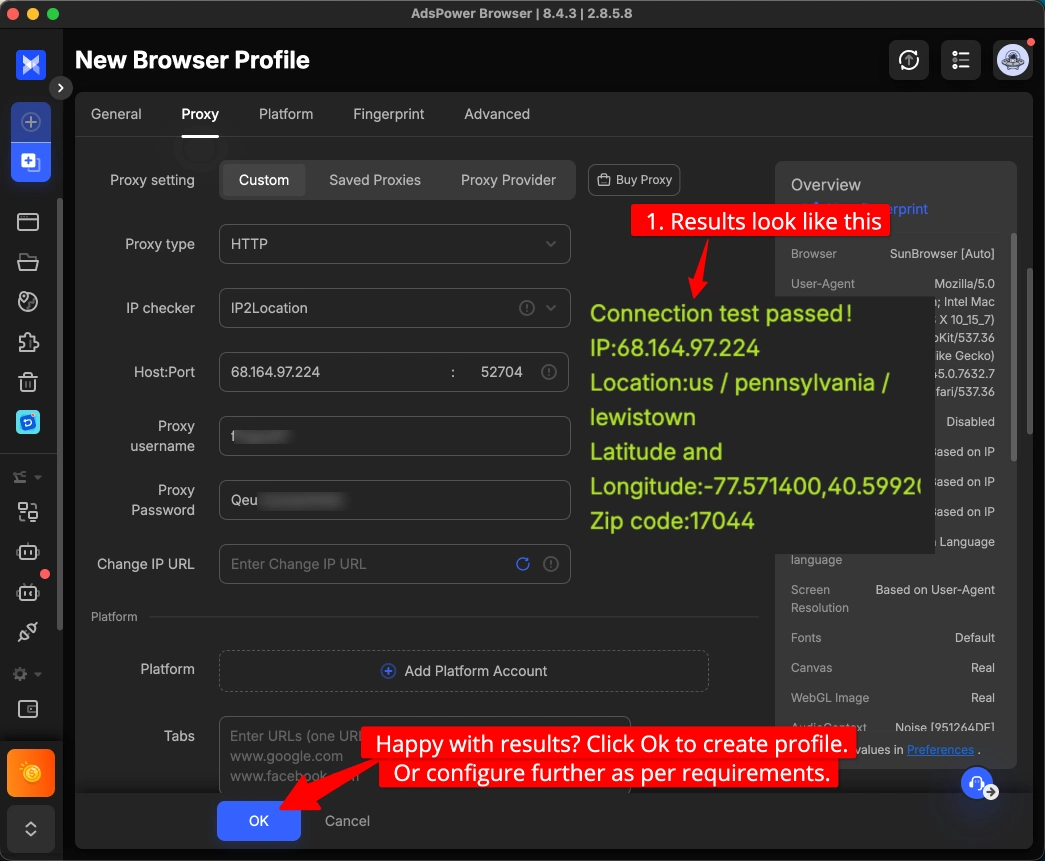 AdsPower proxy check result showing verified IP location