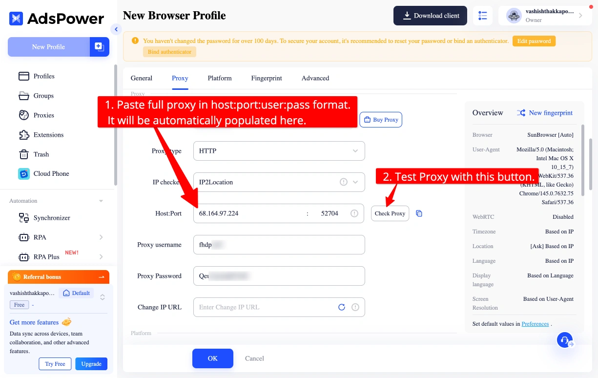 AdsPower proxy credentials entry screen with fields filled