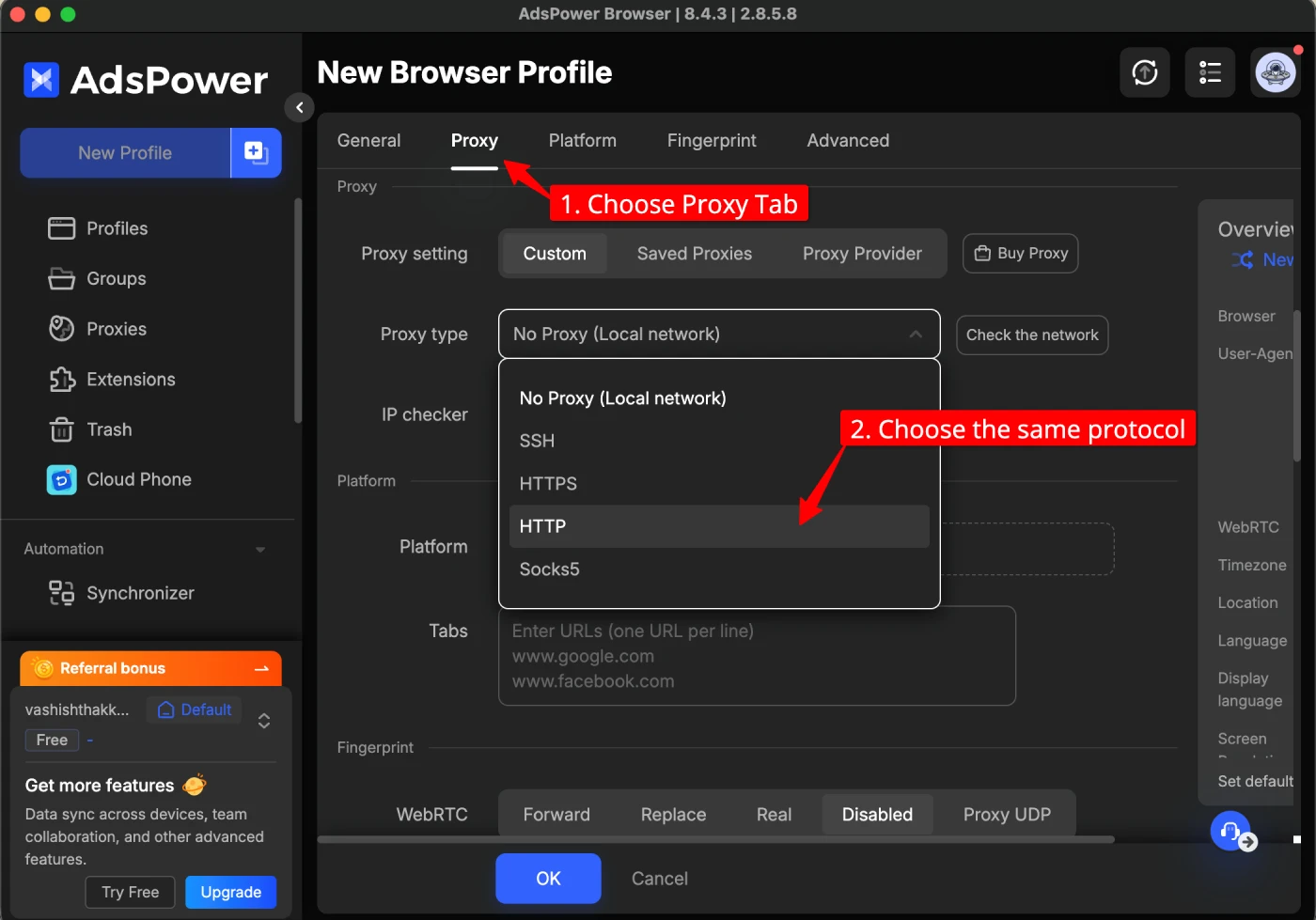 AdsPower proxy settings section inside profile creation