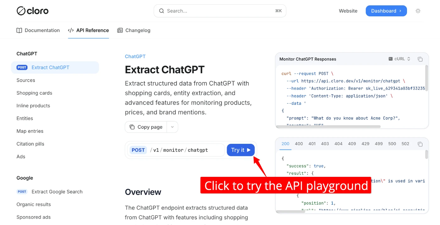 Cloro.dev ChatGPT Monitor API Playground