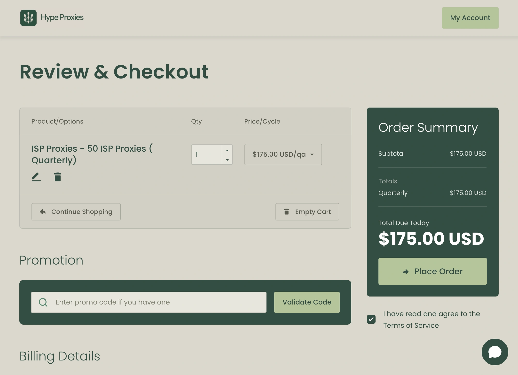 HypeProxies Checkout Page