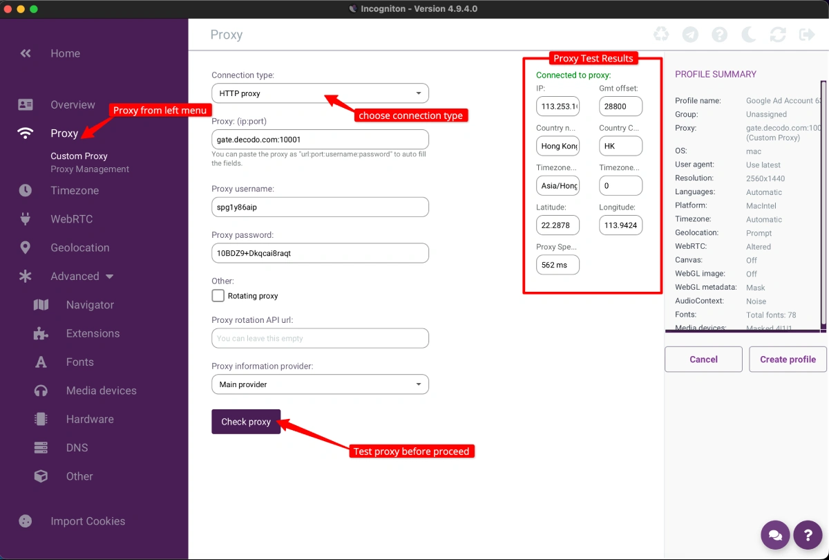 Incogniton Add Proxy to Profile