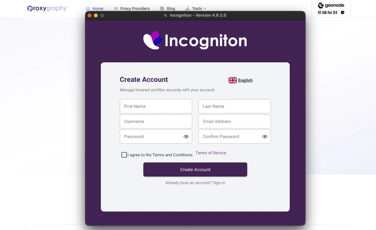 Incogniton Create Account