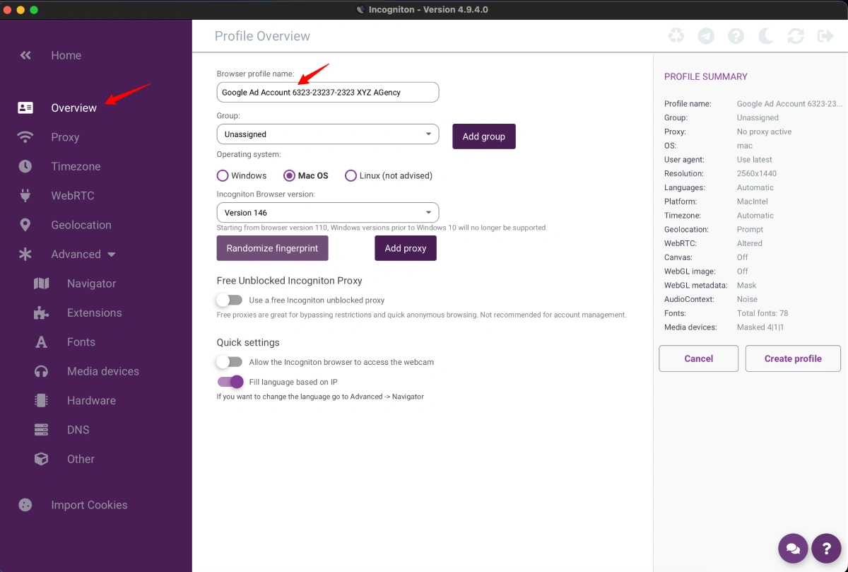 Incogniton Create New Browser Profile