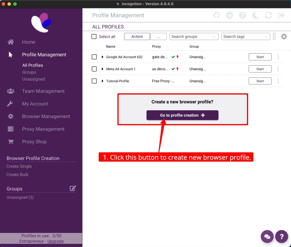 Incogniton Create Profile Button