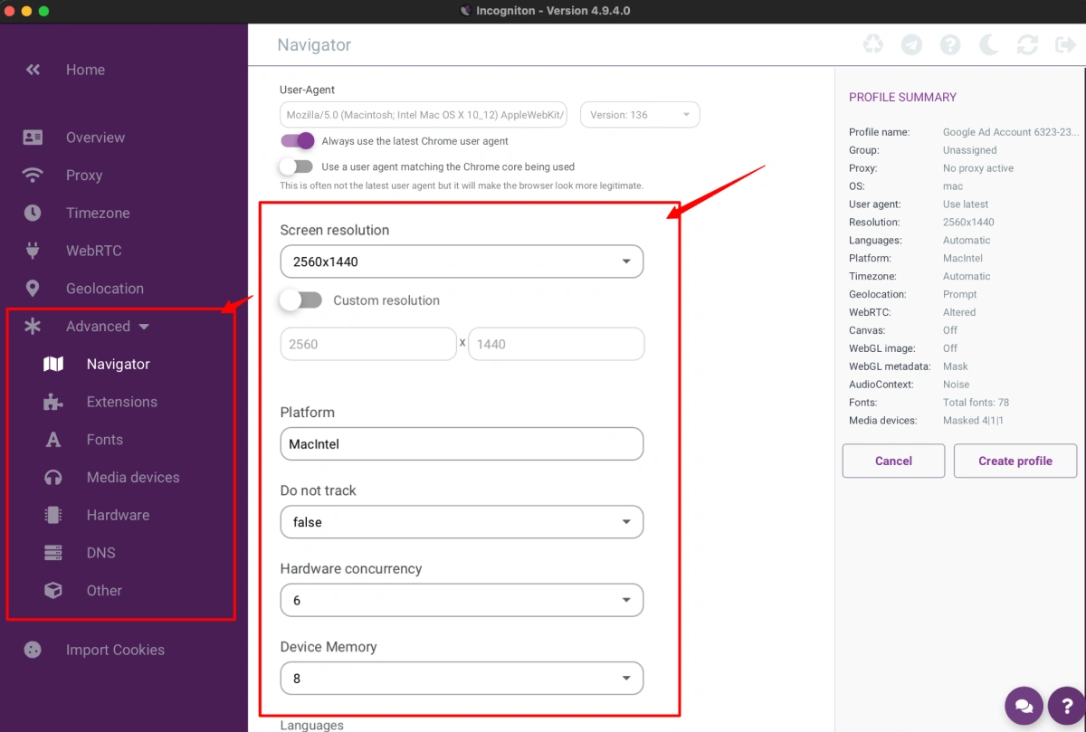 Incogniton Fingerprint Settings
