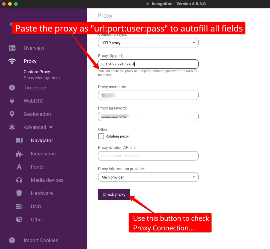 Incogniton Proxy Credentials Entry