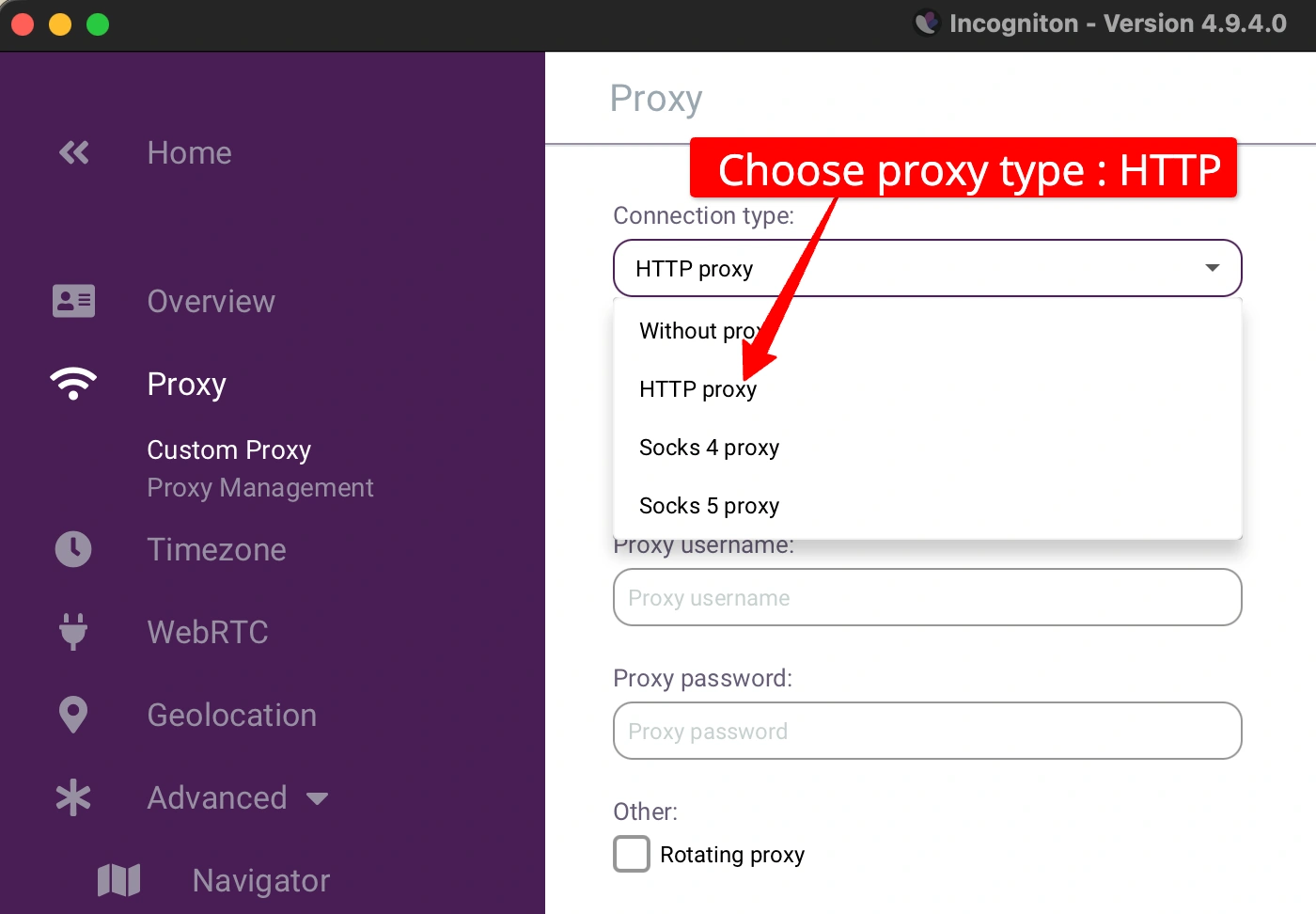 Incogniton Proxy Type Selection