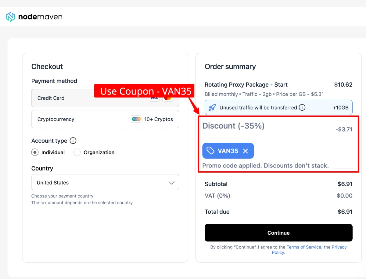 NodeMaven checkout page showing the coupon code field with discount applied