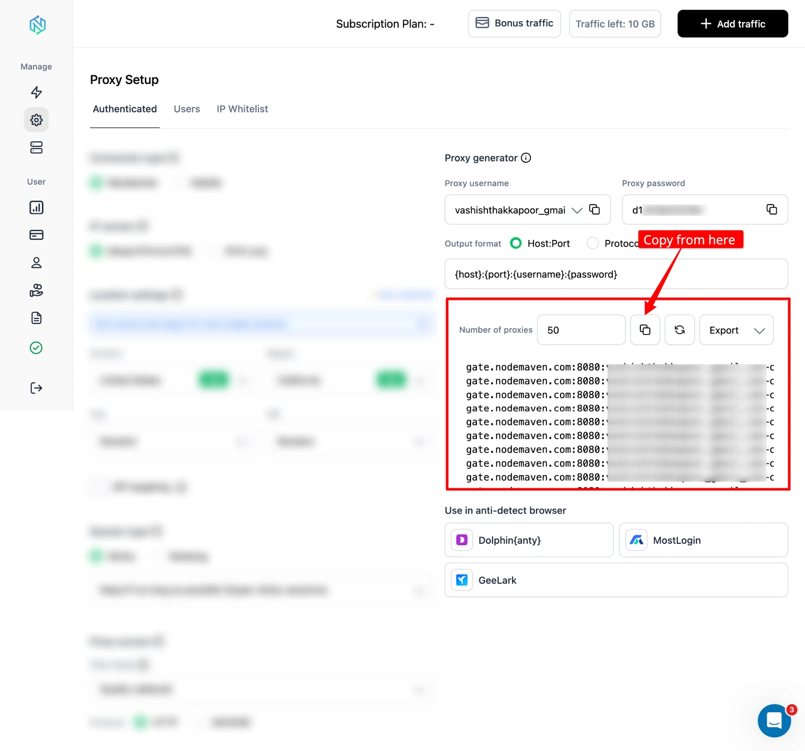 NodeMaven generated proxy credentials showing gateway, port, username, and password