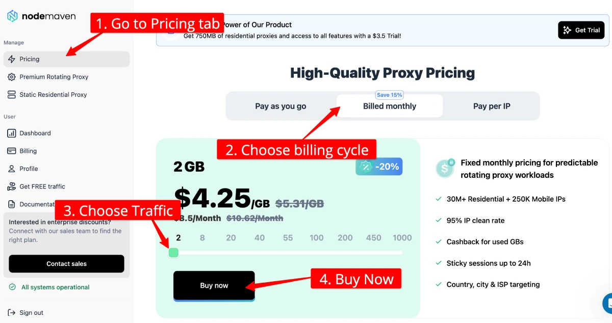 NodeMaven pricing page showing residential, mobile, and ISP plans