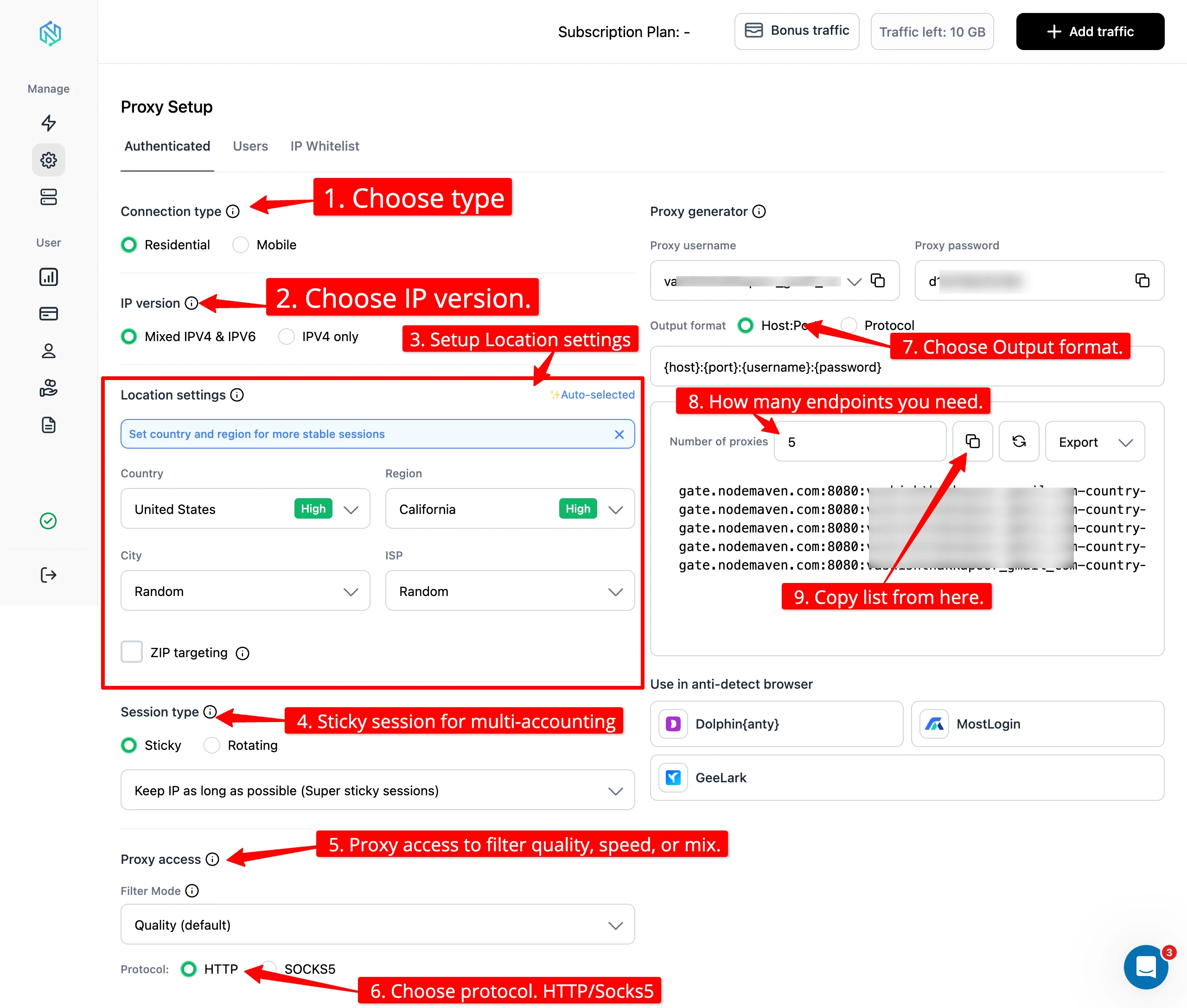 NodeMaven proxy setup section — configure location, session type, protocol, and quality filter