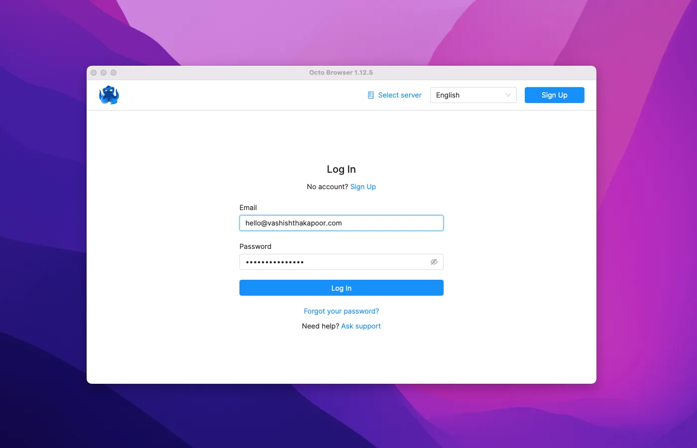 Octobrowser Login screen